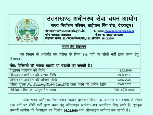 UKSSSC Forest Inspector Recruitment 2020 / यूकेएसएसएससी वन निरीक्षक भर्ती 2020 की भर्ती निकली UKSSSC Forest Inspector Recruitment 2020 / यूकेएसएसएससी वन निरीक्षक भर्ती 2020 की भर्ती निकली