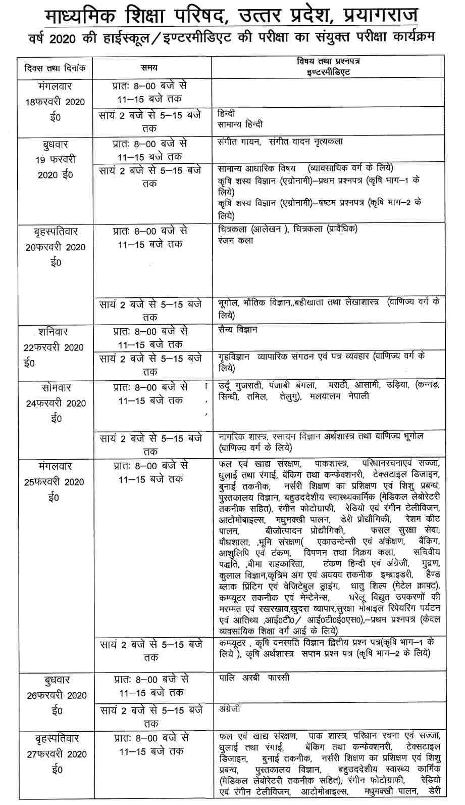 UP Board Time Table 2020 2020 10 12 
