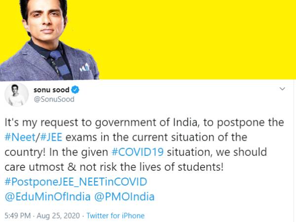 NEET 2020 And JEE Main 2020 Postpone Sonu Sood 1sth Tweet