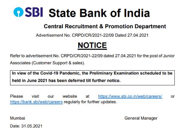 SBI Clerk Postponed Prelims Exam 2021: एसबीआई क्लर्क प्रीलिम्स परीक्षा स्थगित, जानिए कब होगा एग्जाम SBI Clerk Postponed Prelims Exam 2021: एसबीआई क्लर्क प्रीलिम्स परीक्षा स्थगित, जानिए कब होगा एग्जाम
